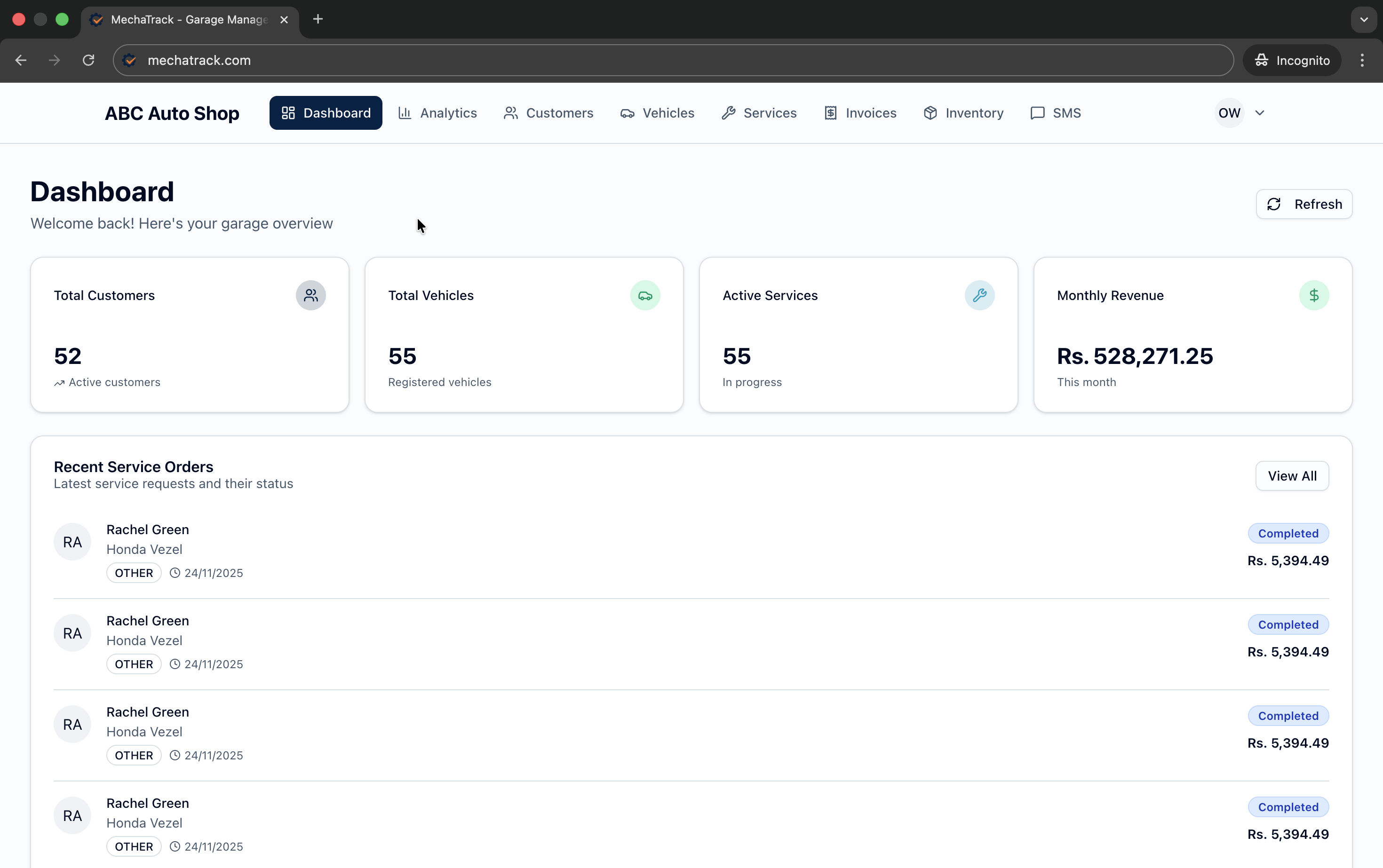 MechaTrack Dashboard Preview